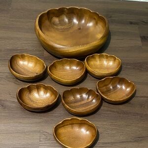 Unbranded Vintage Acacia Wood Clamshell Salad Bowl 8-Pc Set